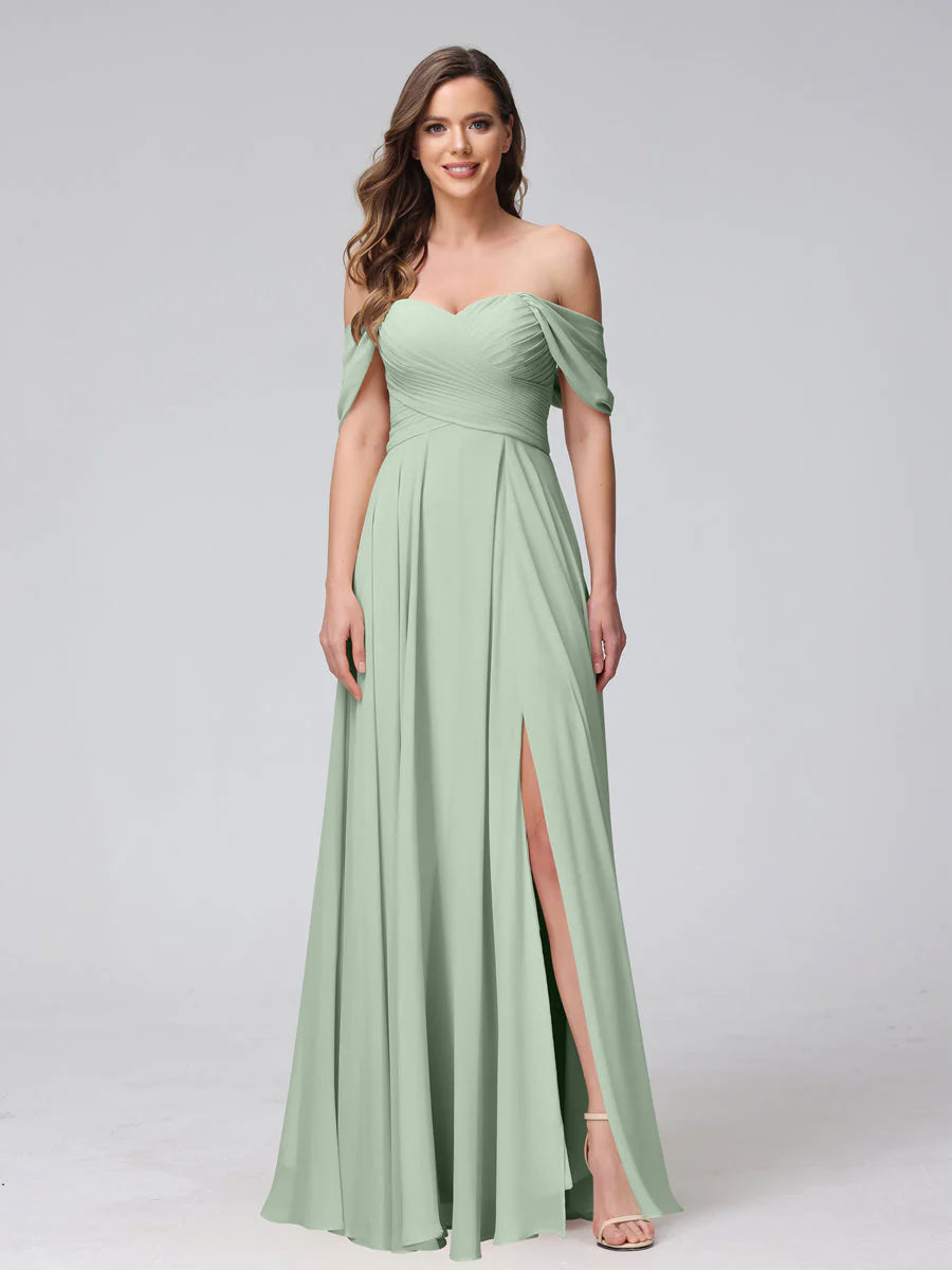 A-Line Off-The-Shoulder Sleeveless Ruched Long Chiffon Bridesmaid Dresses With Split Side