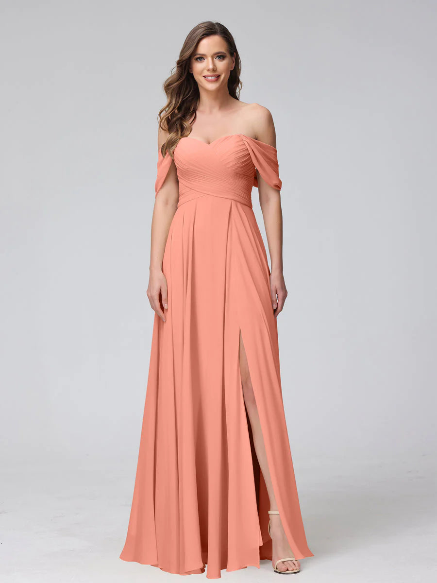 A-Line Off-The-Shoulder Sleeveless Ruched Long Chiffon Bridesmaid Dresses With Split Side