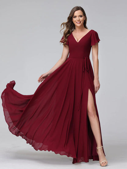 A-Line V-Neck Ruffles Short Sleeves Long Chiffon Dresses With Split Side & Pockets