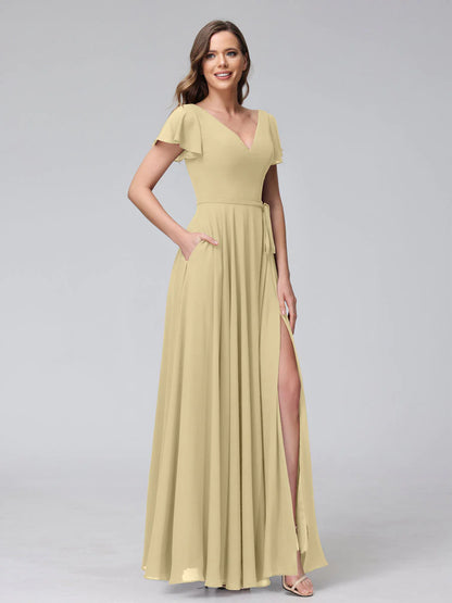 A-Line V-Neck Ruffles Short Sleeves Long Chiffon Dresses With Split Side & Pockets