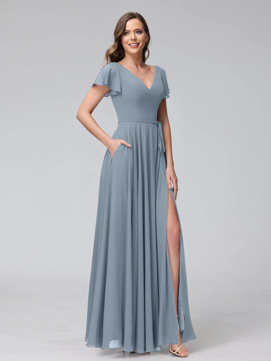 A-Line V-Neck Ruffles Short Sleeves Long Chiffon Dresses With Split Side & Pockets