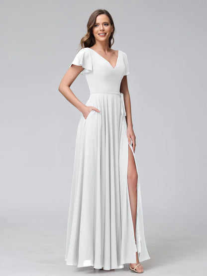 A-Line V-Neck Ruffles Short Sleeves Long Chiffon Dresses With Split Side & Pockets