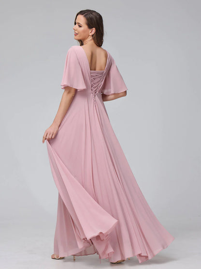 A-Line V-Neck Half Sleeves Long Chiffon Bridesmaid Dresses With Ruffles Pockets