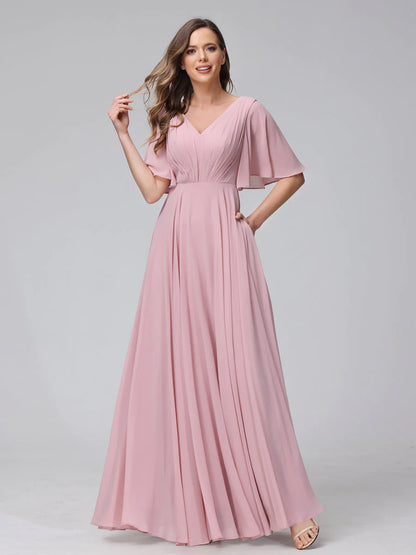 A-Line V-Neck Half Sleeves Long Chiffon Bridesmaid Dresses With Ruffles Pockets