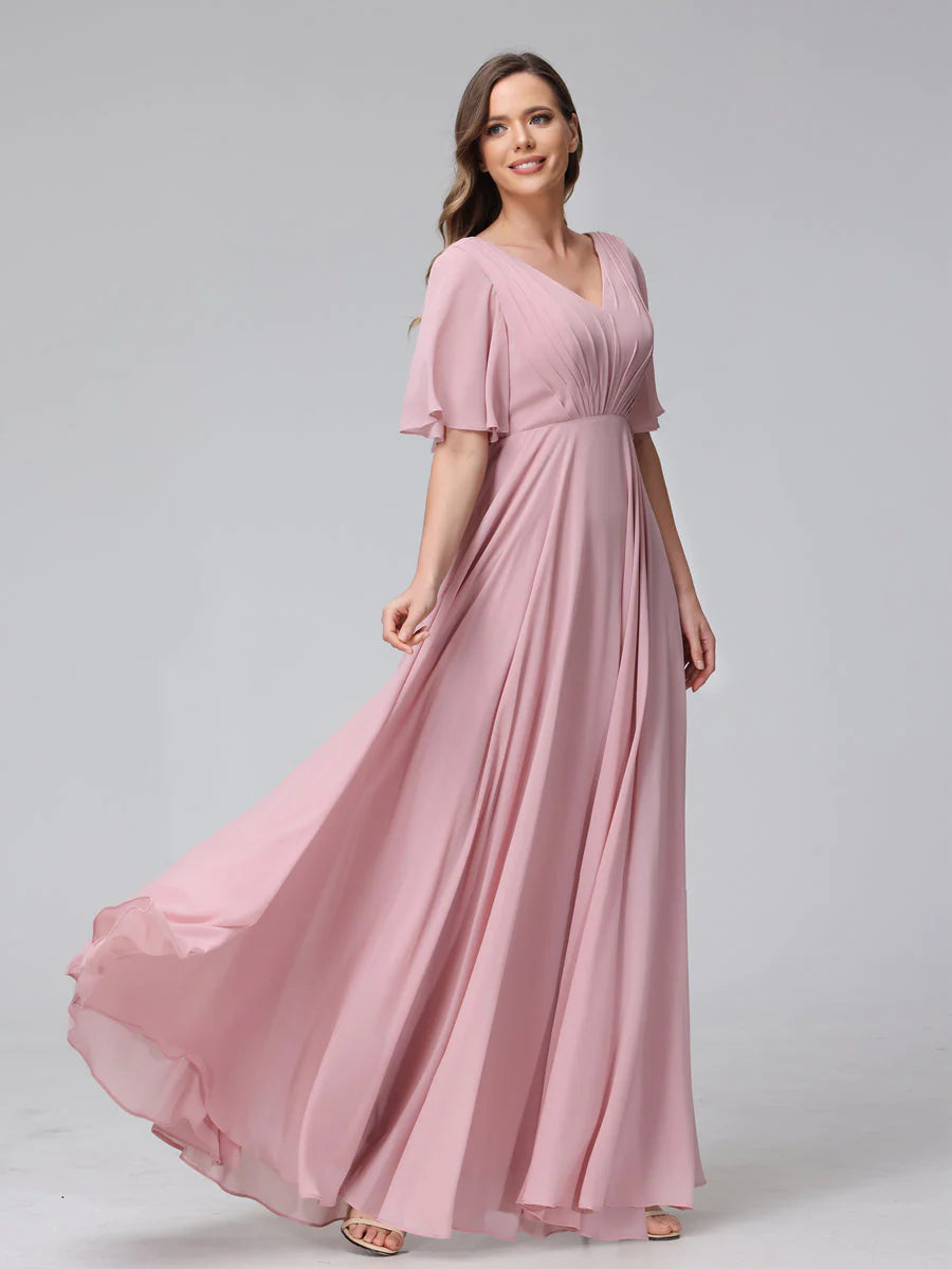 A-Line V-Neck Half Sleeves Long Chiffon Bridesmaid Dresses With Ruffles Pockets