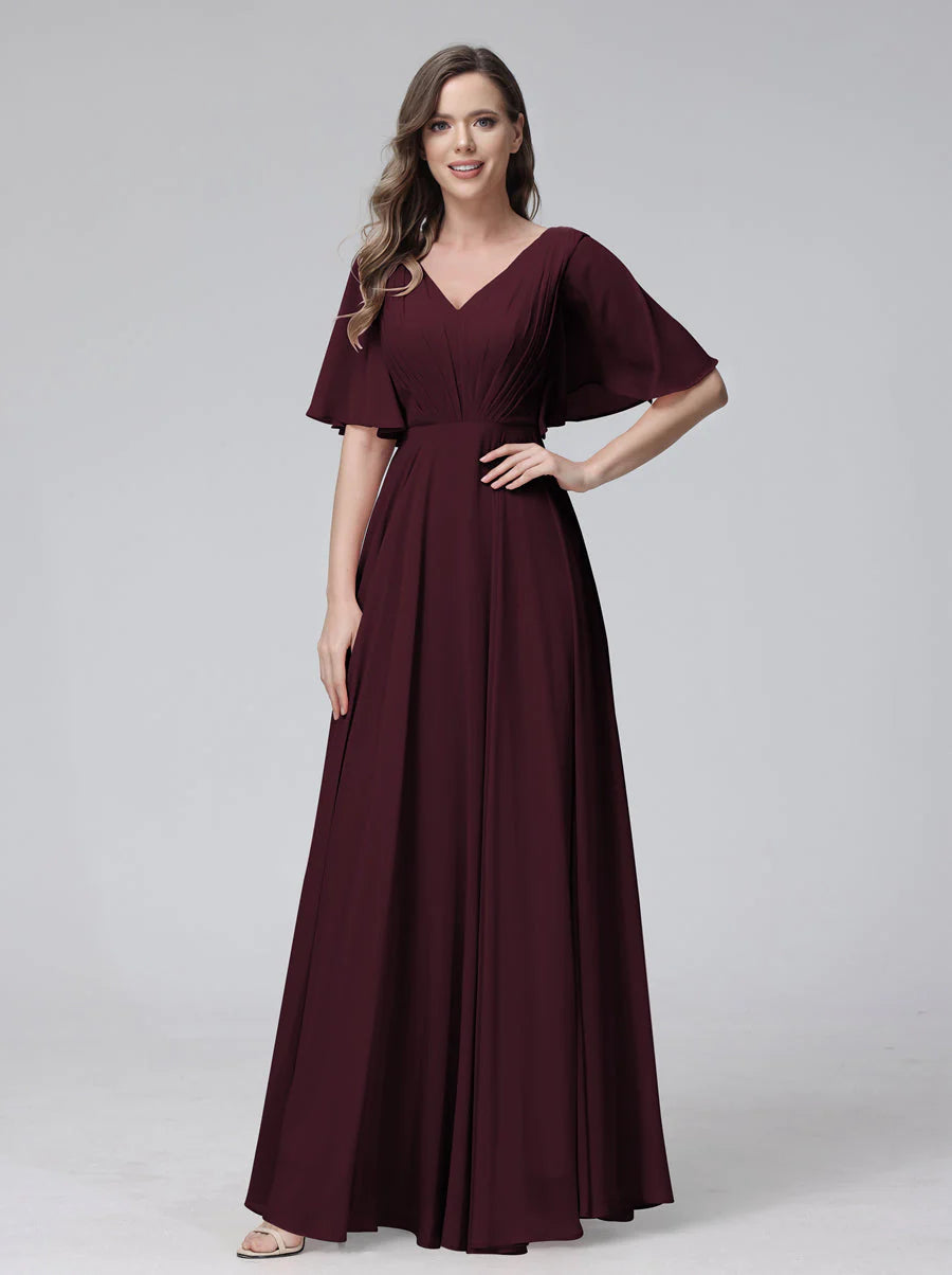 A-Line V-Neck Half Sleeves Long Chiffon Bridesmaid Dresses With Ruffles Pockets