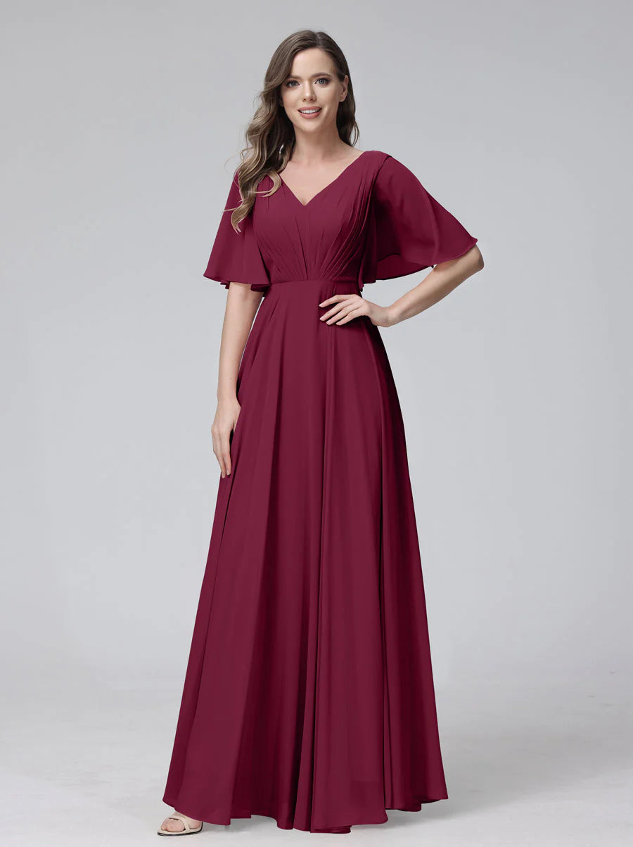 A-Line V-Neck Half Sleeves Long Chiffon Bridesmaid Dresses With Ruffles Pockets