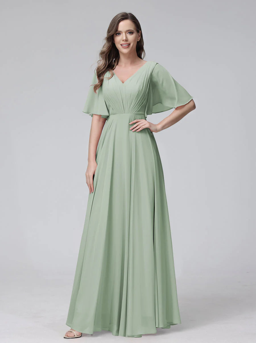 A-Line V-Neck Half Sleeves Long Chiffon Bridesmaid Dresses With Ruffles Pockets