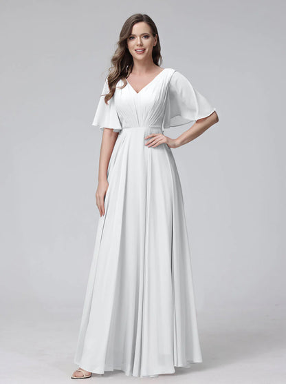 A-Line V-Neck Half Sleeves Long Chiffon Bridesmaid Dresses With Ruffles Pockets