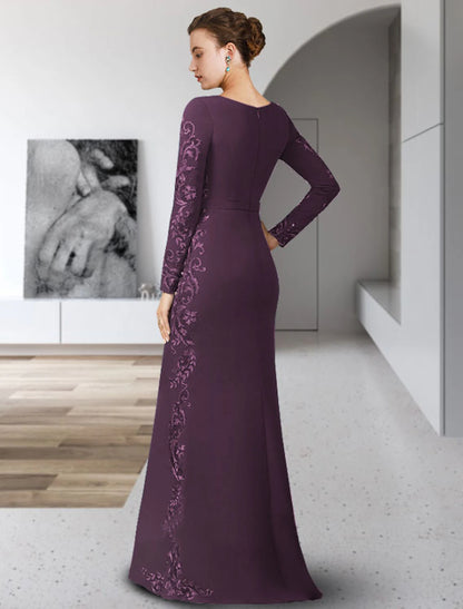 Sheath / Column Mother of the Bride Dress Formal Scoop Neck Floor Length Chiffon Lace Long Sleeve with Sash / Ribbon Appliques