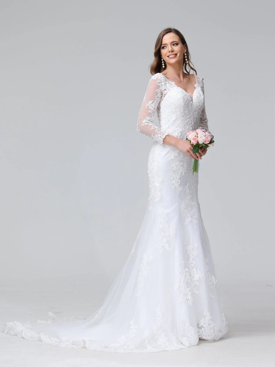 Trumpet/Mermaid V-Neck Long Sleeves Lace Wedding Dresses