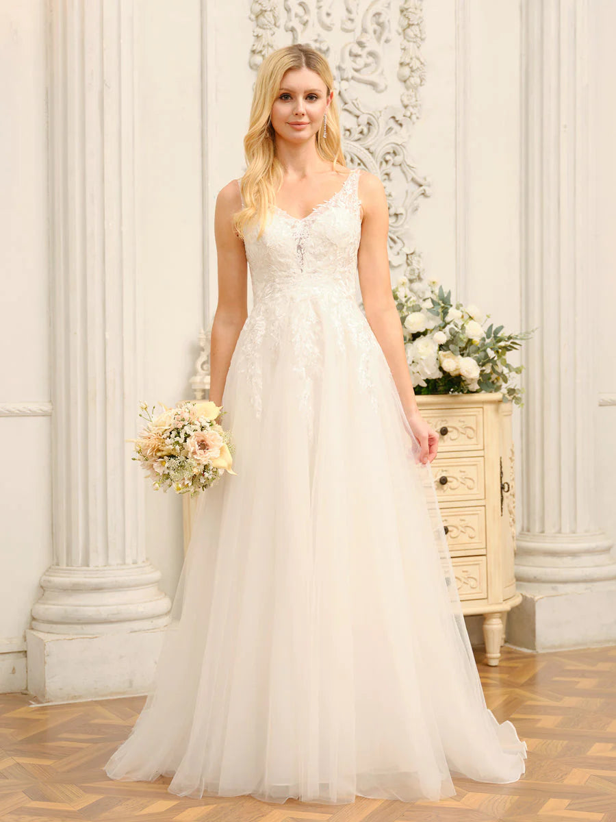 A-Line/Princess V-Neck Sleeveless Long Wedding Dresses With Appliques