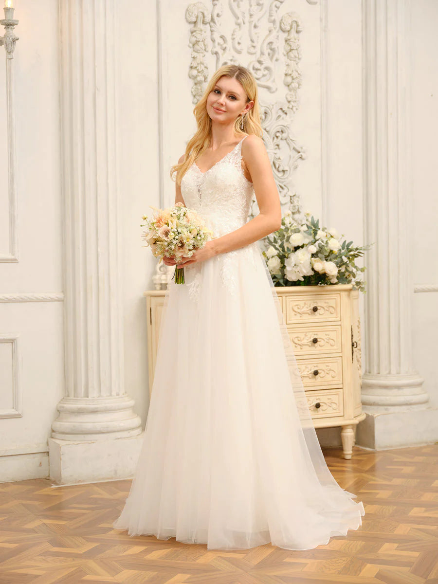 A-Line/Princess V-Neck Sleeveless Long Wedding Dresses With Appliques