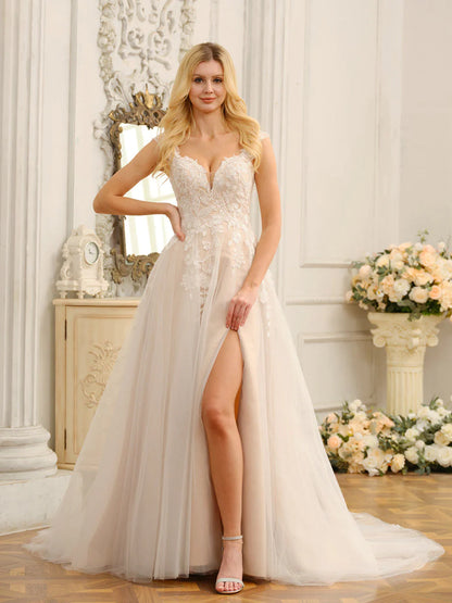 A-Line/Princess Sleeveless Long Wedding Dresses With Appliques