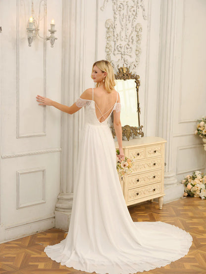 A-Line/Princess Off-The-Shoulder Long Wedding Dresses With Appliques