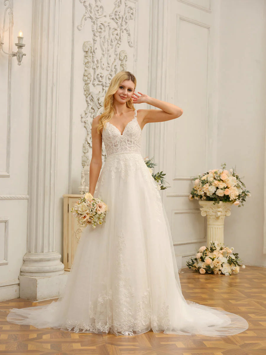 Spaghetti Straps V-Neck Sleeveless Long Wedding Dresses With Appliques