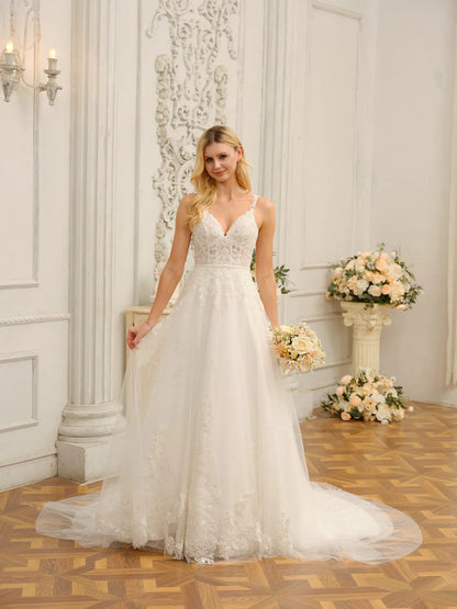 Spaghetti Straps V-Neck Sleeveless Long Wedding Dresses With Appliques