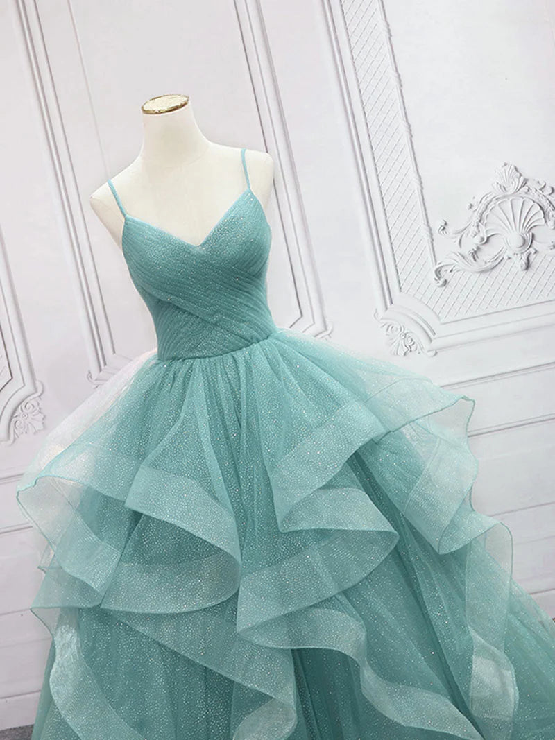 Sparkling Quinceanera Dress V Neck Tulle Long Prom Dress Green Sweet Dress