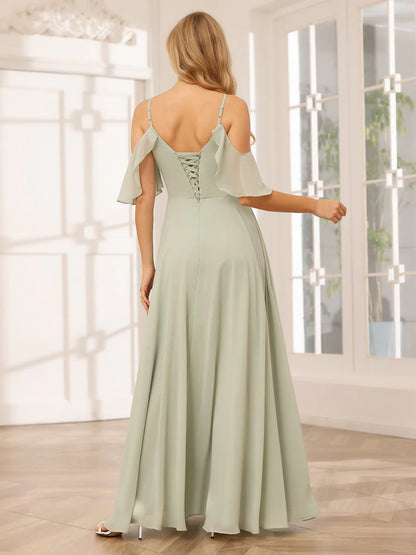 A-Line/Princess Spaghetti Straps V-Neck Long Bridesmaid Dresses With Split Side