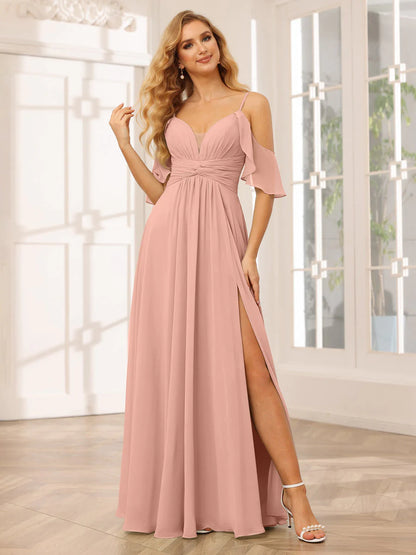 A-Line/Princess Spaghetti Straps V-Neck Long Bridesmaid Dresses With Split Side