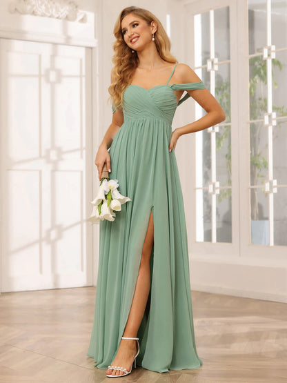 A-Line/Princess Spaghetti Straps Off-The-Shoulder Long Bridesmaid Dresses With Split Side