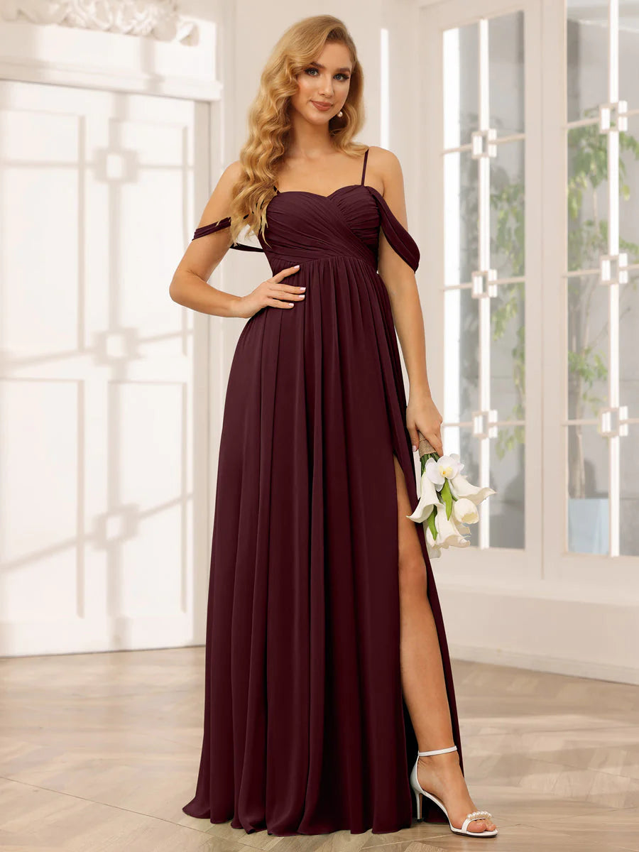 A-Line/Princess Spaghetti Straps Off-The-Shoulder Long Bridesmaid Dresses With Split Side