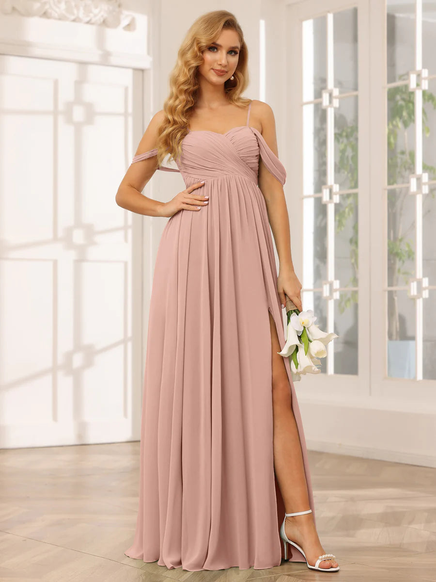 A-Line/Princess Spaghetti Straps Off-The-Shoulder Long Bridesmaid Dresses With Split Side