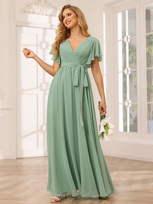 A-Line/Princess V-Neck Short Sleeves Long Bridesmaid Dresses With Sash