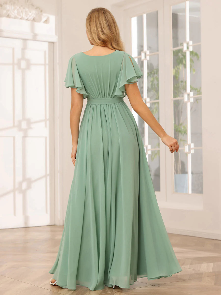 A-Line/Princess V-Neck Short Sleeves Long Bridesmaid Dresses With Sash