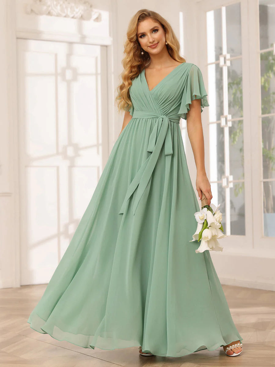 A-Line/Princess V-Neck Short Sleeves Long Bridesmaid Dresses With Sash