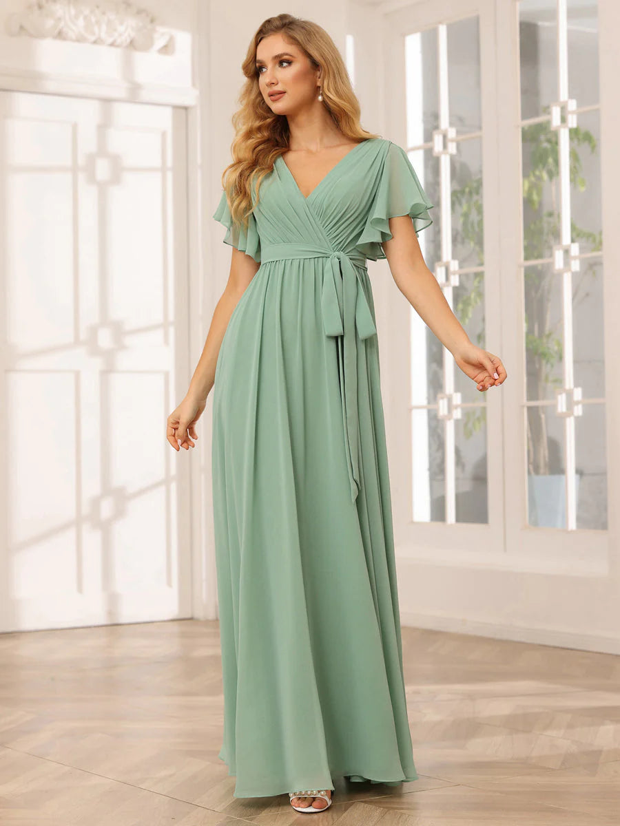 A-Line/Princess V-Neck Short Sleeves Long Bridesmaid Dresses With Sash