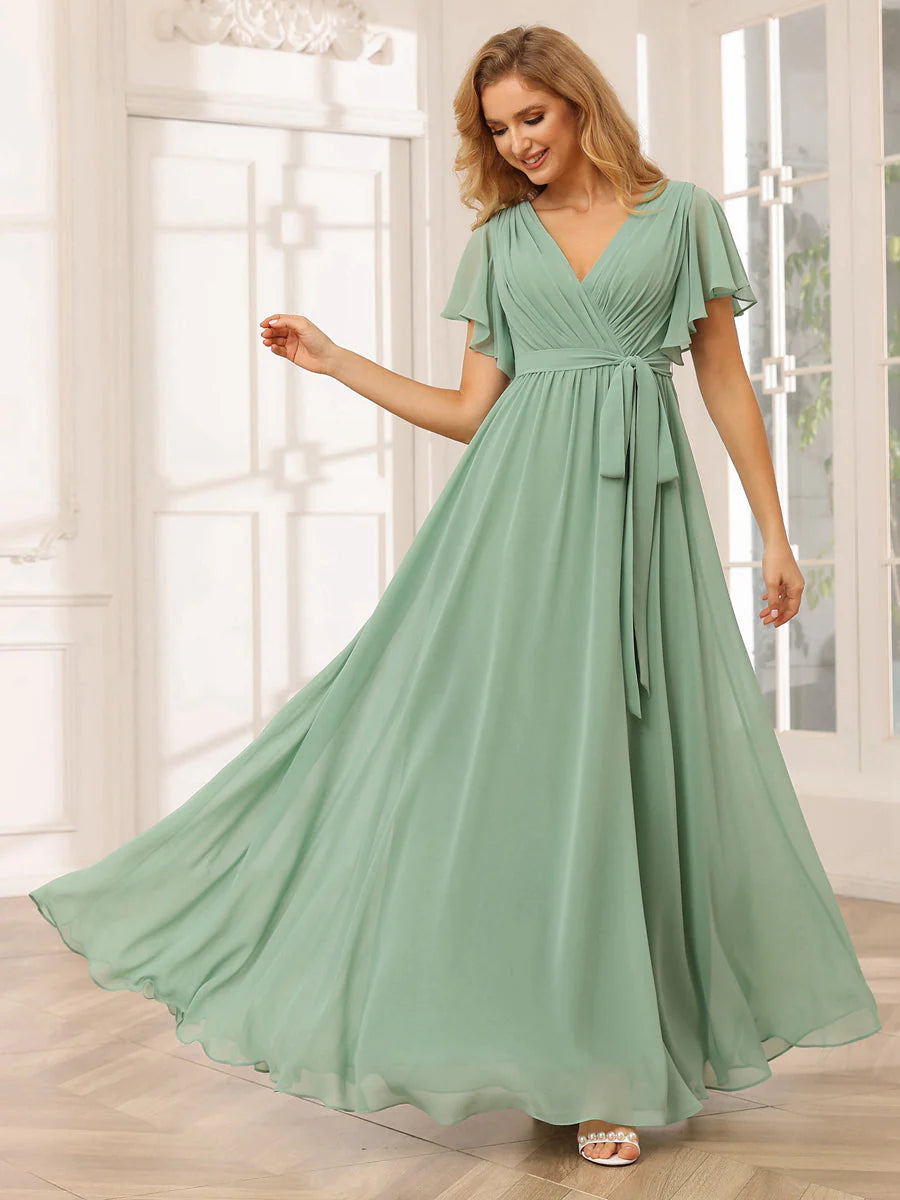 A-Line/Princess V-Neck Short Sleeves Long Bridesmaid Dresses With Sash