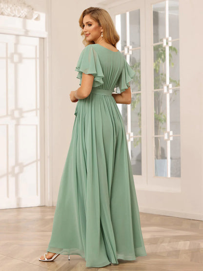 A-Line/Princess V-Neck Short Sleeves Long Bridesmaid Dresses With Sash