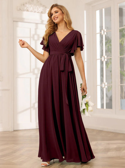 A-Line/Princess V-Neck Short Sleeves Long Bridesmaid Dresses With Sash