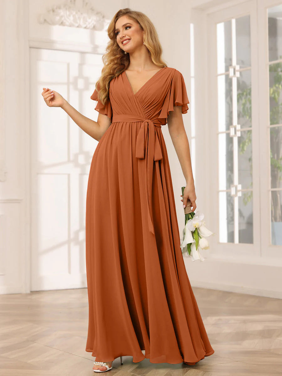 A-Line/Princess V-Neck Short Sleeves Long Bridesmaid Dresses With Sash