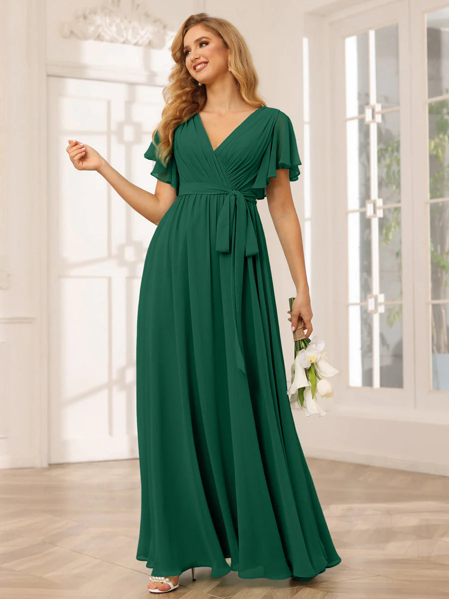 A-Line/Princess V-Neck Short Sleeves Long Bridesmaid Dresses With Sash