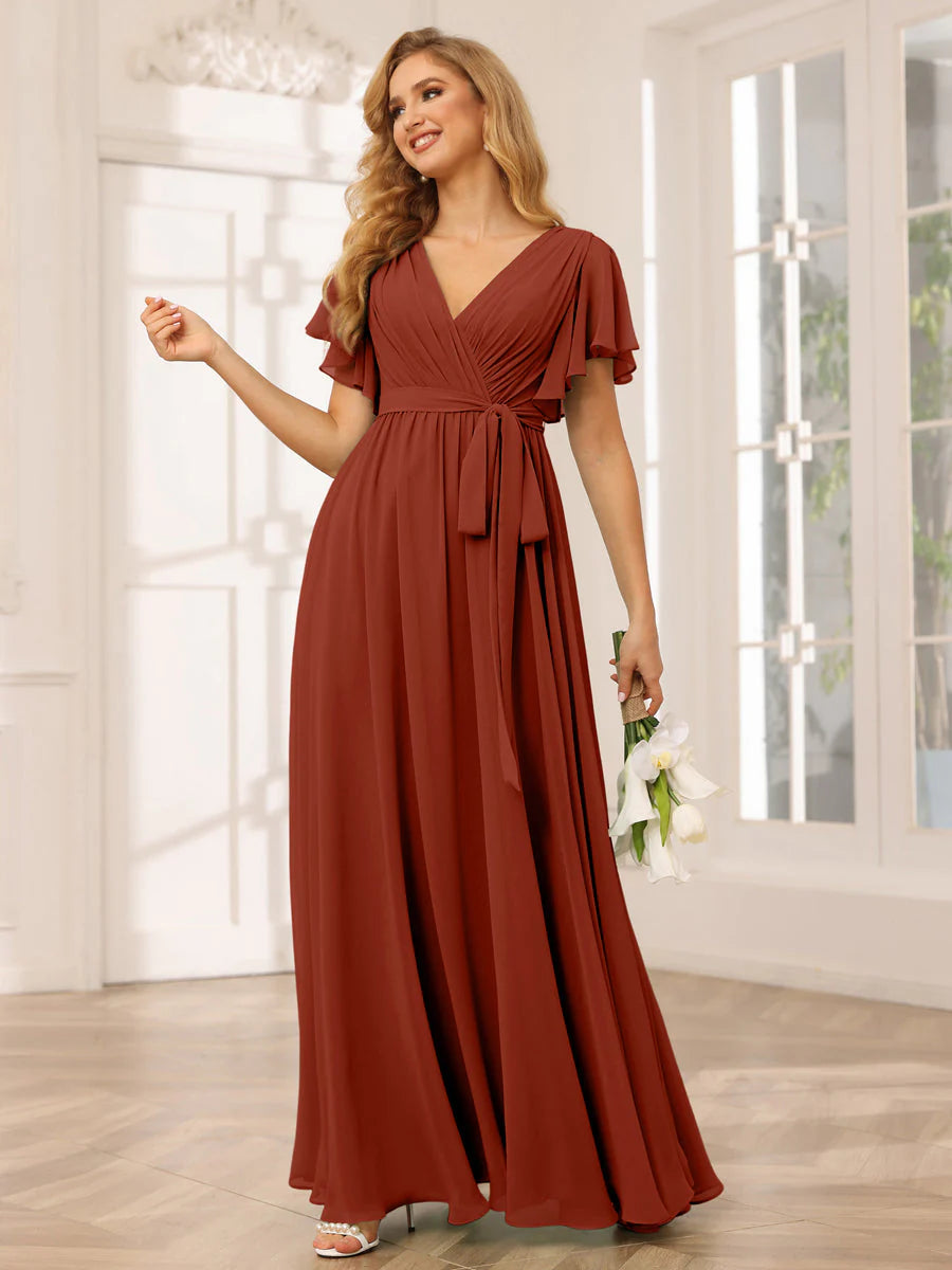 A-Line/Princess V-Neck Short Sleeves Long Bridesmaid Dresses With Sash