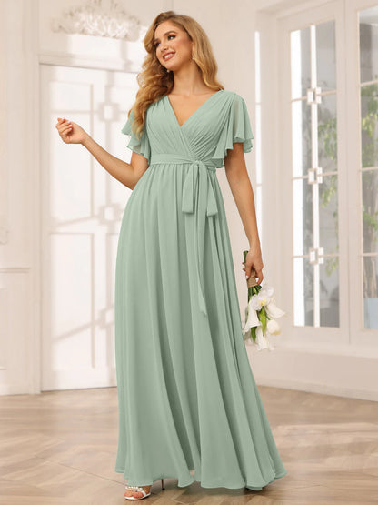 A-Line/Princess V-Neck Short Sleeves Long Bridesmaid Dresses With Sash