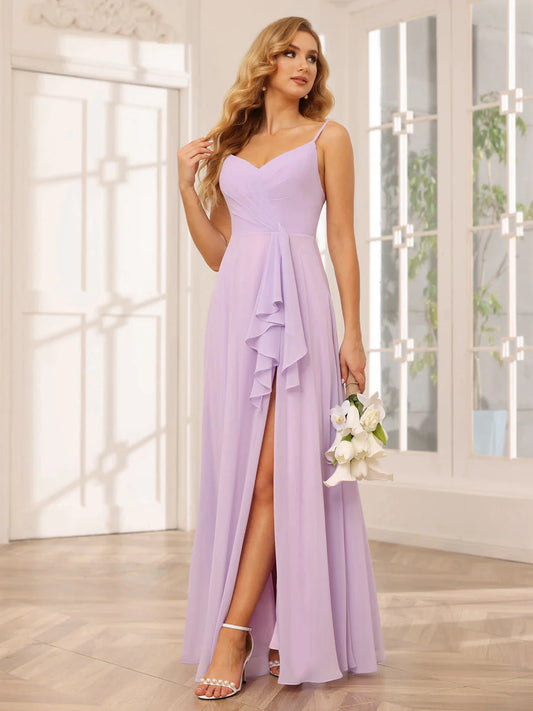 A-Line/Princess Spaghetti Straps V-Neck Long Bridesmaid Dresses With Split Side