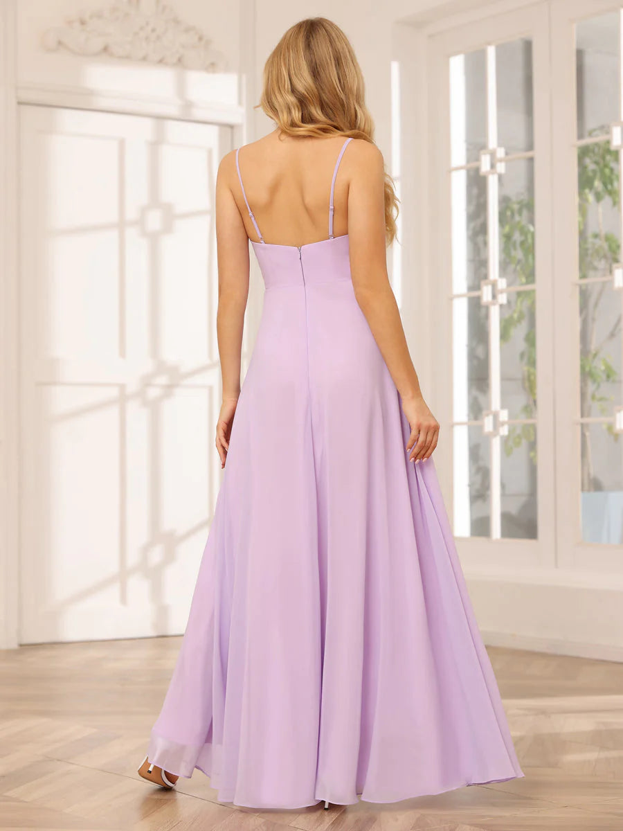 A-Line/Princess Spaghetti Straps V-Neck Long Bridesmaid Dresses With Split Side