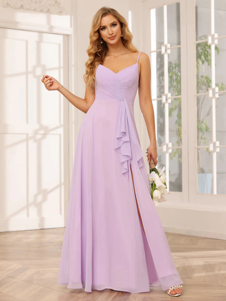 A-Line/Princess Spaghetti Straps V-Neck Long Bridesmaid Dresses With Split Side