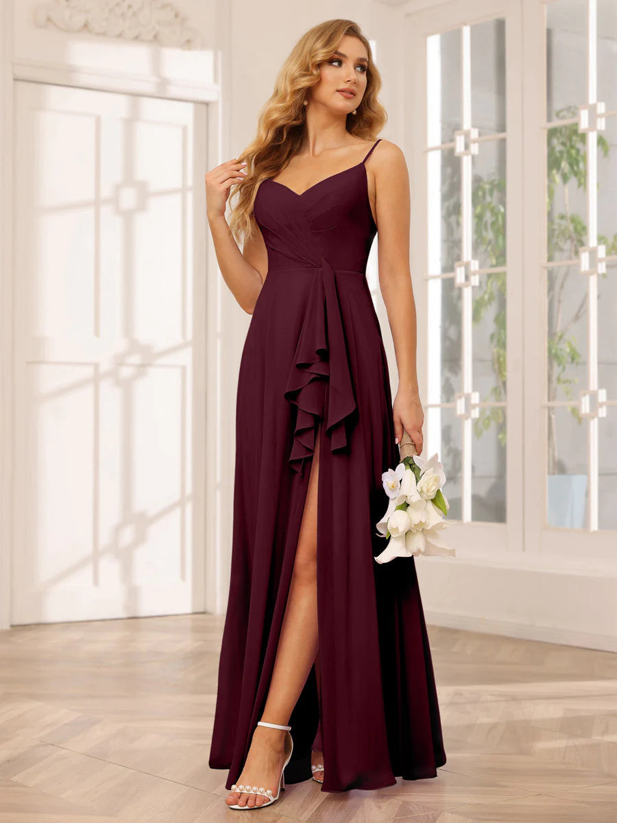 A-Line/Princess Spaghetti Straps V-Neck Long Bridesmaid Dresses With Split Side