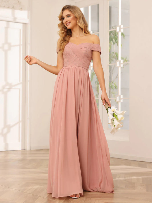 A-Line/Princess Off-The-Shoulder Long Bridesmaid Dresses With Applique