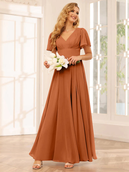 A-Line/Princess V-Neck Long Bridesmaid Dresses With Split Side