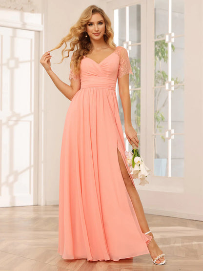 A-Line/Princess V-Neck Long Bridesmaid Dresses With Split Side