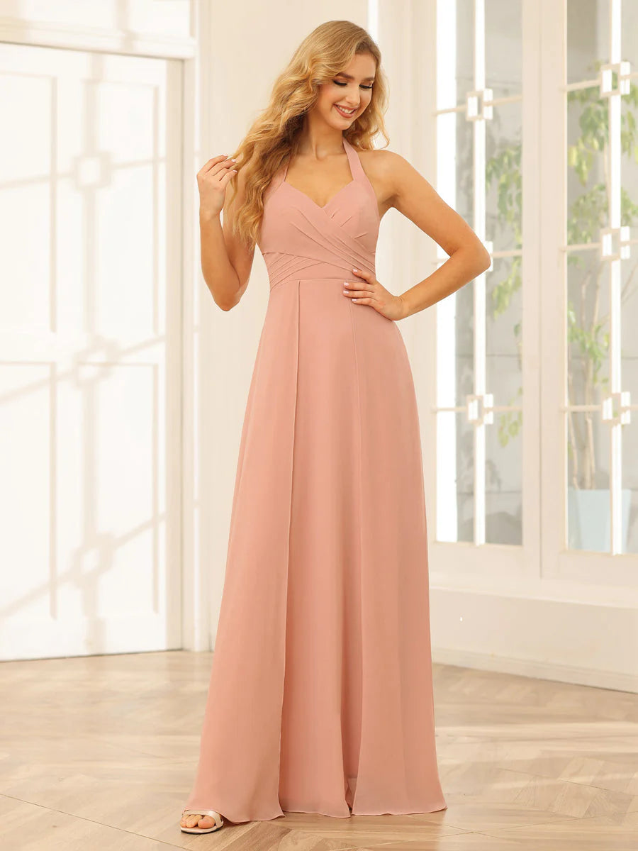 A-Line/Princess Halter Long Bridesmaid Dresses With Split Side