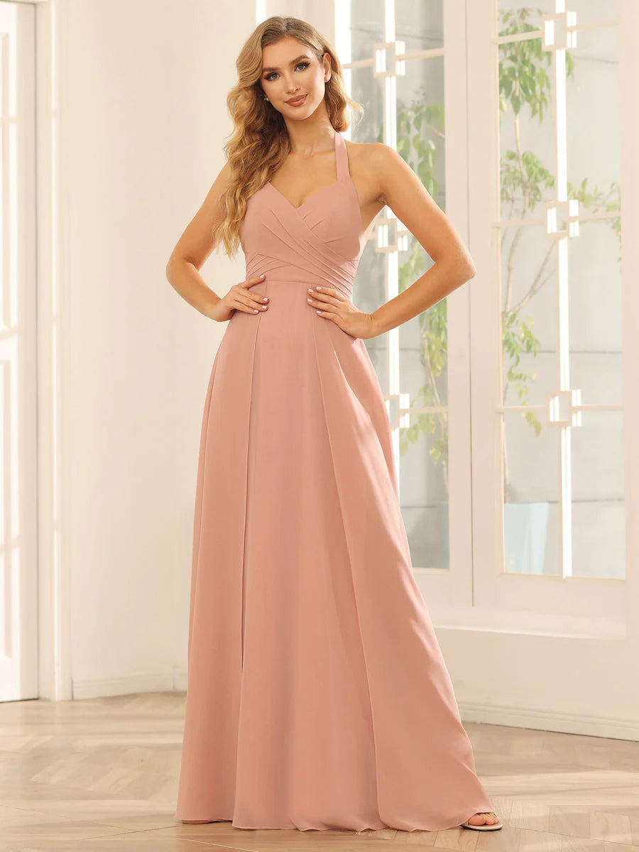 A-Line/Princess Halter Long Bridesmaid Dresses With Split Side