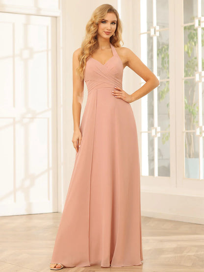 A-Line/Princess Halter Long Bridesmaid Dresses With Split Side