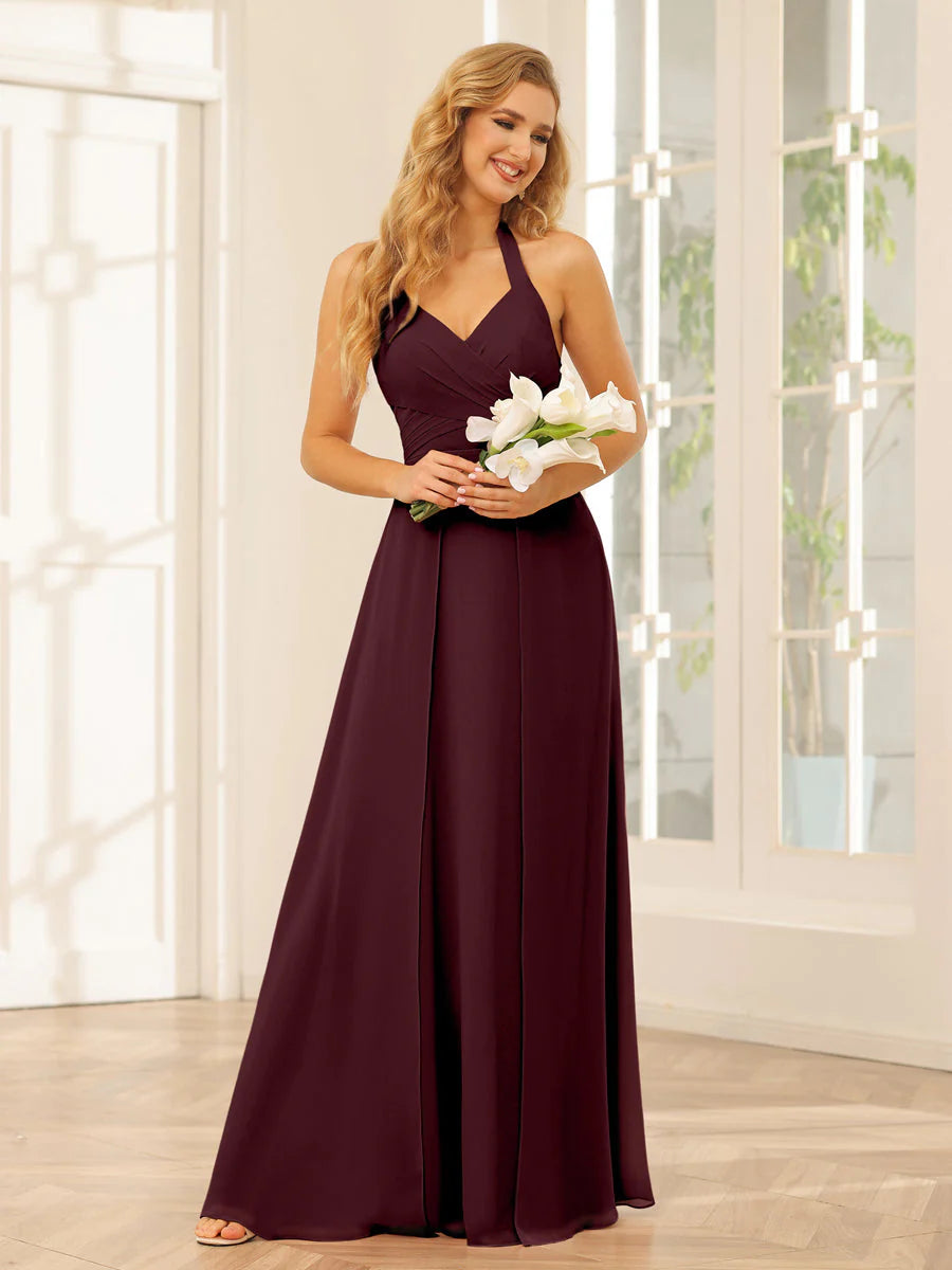 A-Line/Princess Halter Long Bridesmaid Dresses With Split Side