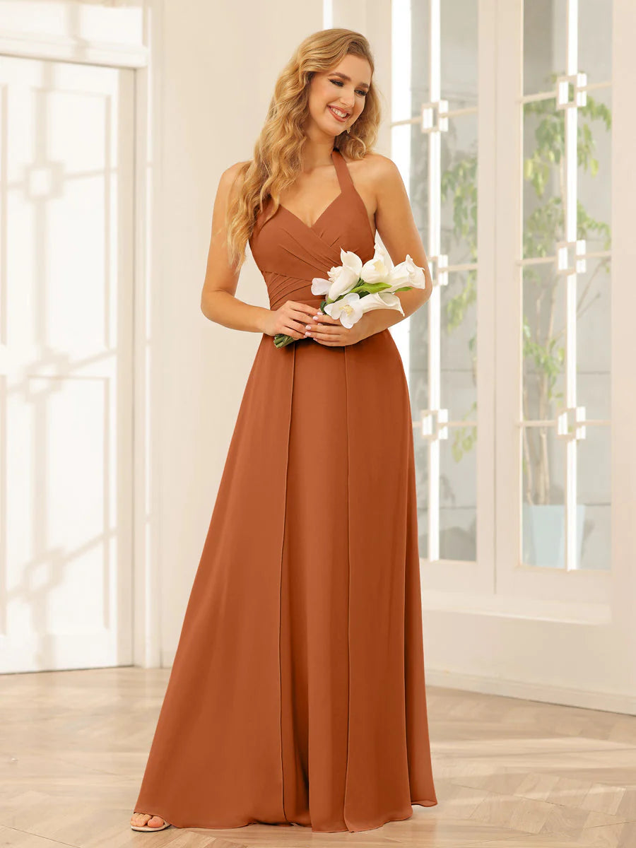 A-Line/Princess Halter Long Bridesmaid Dresses With Split Side